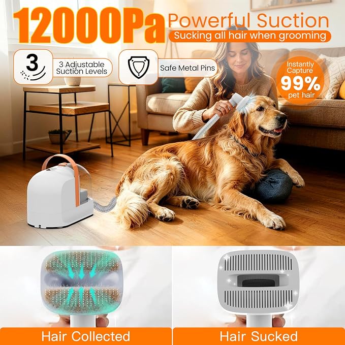 PG10 Dog Grooming Vacuum with Electric Clipper & Shedding Brush, 12,000Pa Suction Pet Grooming Vacuum for Dogs, Low Noise Pet Hair Vacuum with Grooming Kit for Home Shedding and Trimming