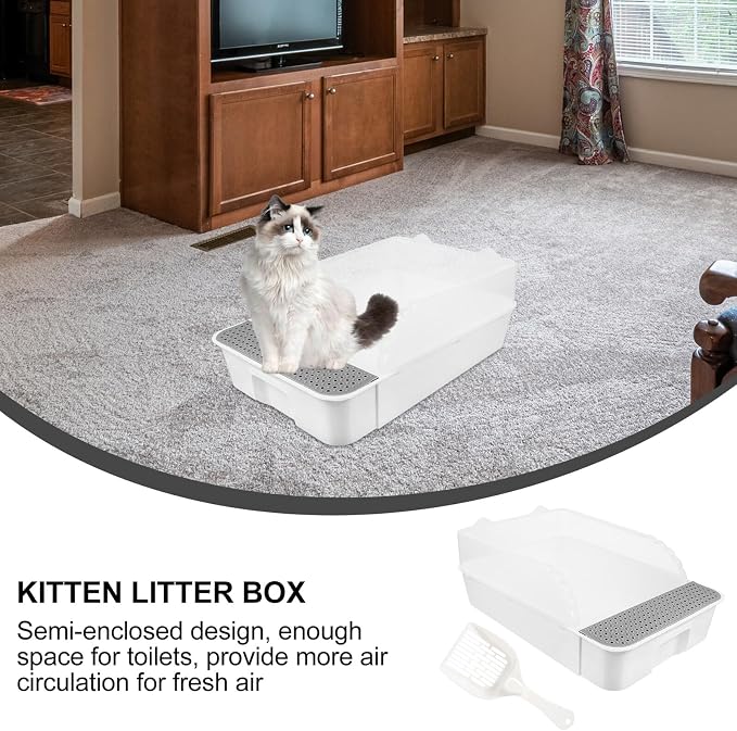 Detachable Semi-Enclosed Cat Litter Box Splash-Resistant Small White Cat Toilet Pan for Indoor Kitten Training and Litter Housebreaking