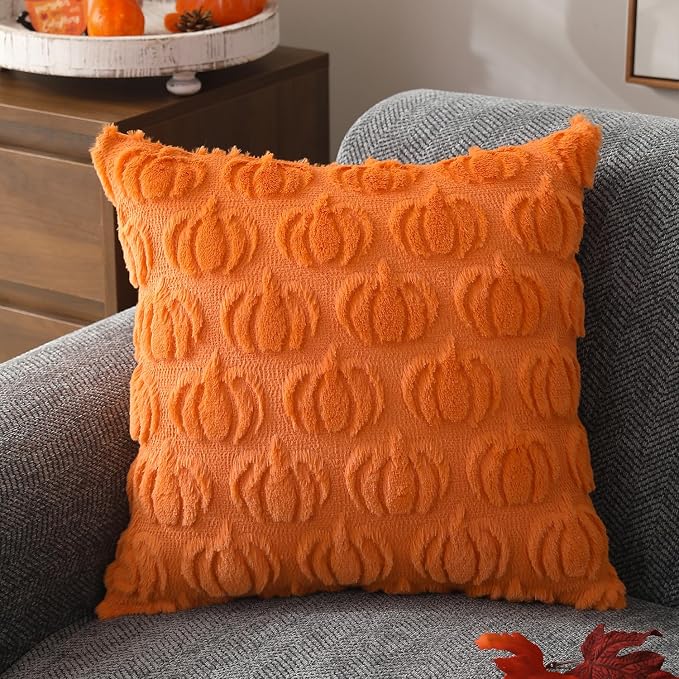 DFXSZ Fall Pillow Covers 18x18 2Pcs Orange Pumpkin Fall Decoration for Home | Fall decor Set of 2 Throw Pillow Cases Soft Plush Faux Fur Wool Couch Cushion for Chair Sofa Bedroom Living Room Home Decor