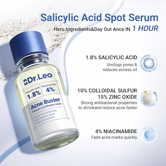 Dr.Leo 1.8% Salicylic Acid Spot Serum, Acne Treatment for Acne-Prone Sensitive Skin | Niacinamide, Fast Pimple Relief, Fades Acne Marks, Overnight & Period Breakouts, 0.34 fl oz (20 ml)