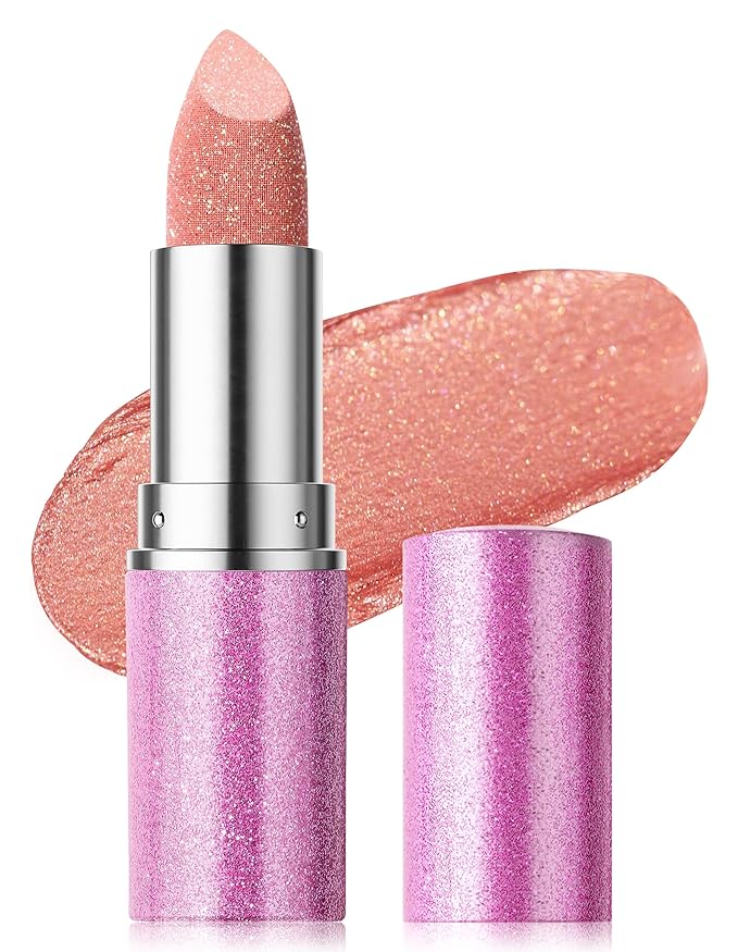 Erinde Glitter Shine Lipstick, Pearl Diamond Shimmery Creamy Lipcolor, Hydrating Glimmer Finish Lipsticks with Creamy Texture, Long Lasting High Pigmented Metallic Lip Stick Lip Stain, 03 Rose Gold