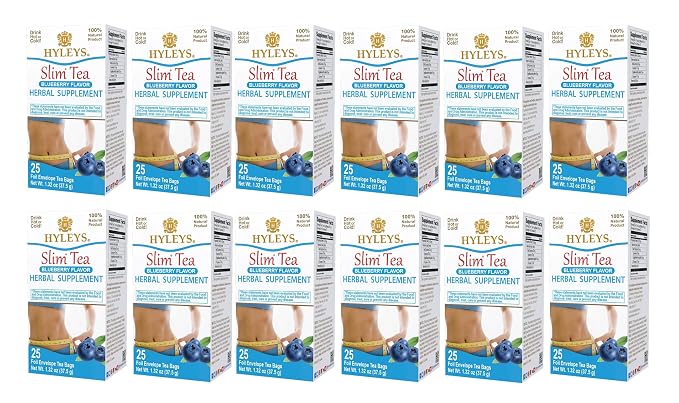 Hyleys Slim Tea Blueberry Flavor - Weight Loss Herbal Supplement Cleanse and Detox - 25 Tea Bags (12 Pack)