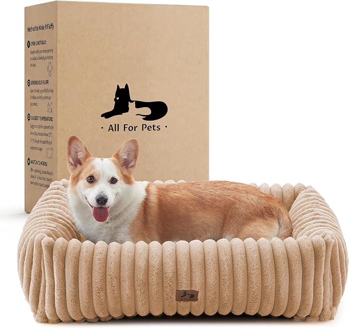 Dog Bed Medium Size Dog, Rectangle Orthopedic Pet Bed for Car and Indoor, Comfort Fluffy Memory Foam Dog Beds with Anti-Slip Bottom, Camel (30x24x8 inches)