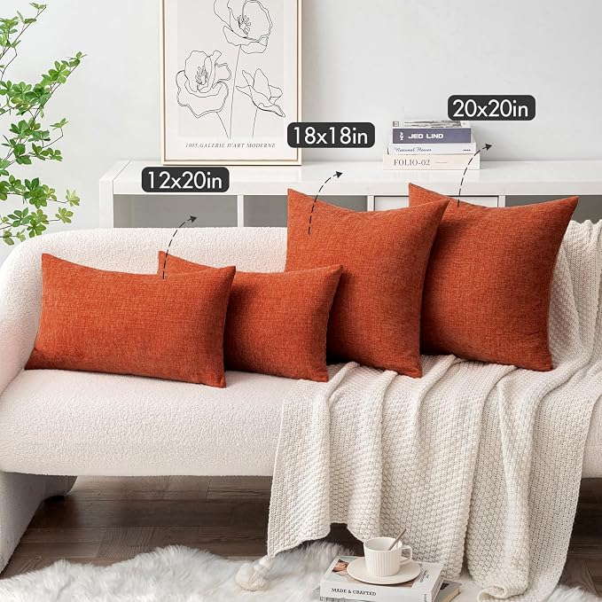 MIULEE Soft Chenille Fall Lumbar Throw Pillow Covers Rust 12x20 Pack of 2 | Modern Fall Home Decor, Classic Decorative Pillows, Solid Dyed Cases, Boho Couch Cushion Covers for Sofa Bed Living Room