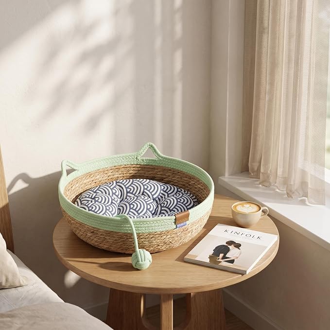 VIVIKIT Natural Cattail Cat Bed for Indoor Cats, 18.1" x 4.7" (Green) | Natural cattail, cotton trim, all season, scratch-proof, teaser ball, removable washable pad, for cats & dogs up to 22 lbs