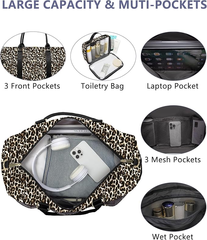 Women Weekender Travel Duffle Bag: Travel Duffel Overnight Bags with Shoe Compartment Large Carry on Tote with Toiletry Bag Weekend Traveling Yoga Gym Hospital Bag for Women with Wet Pocket Cheetah