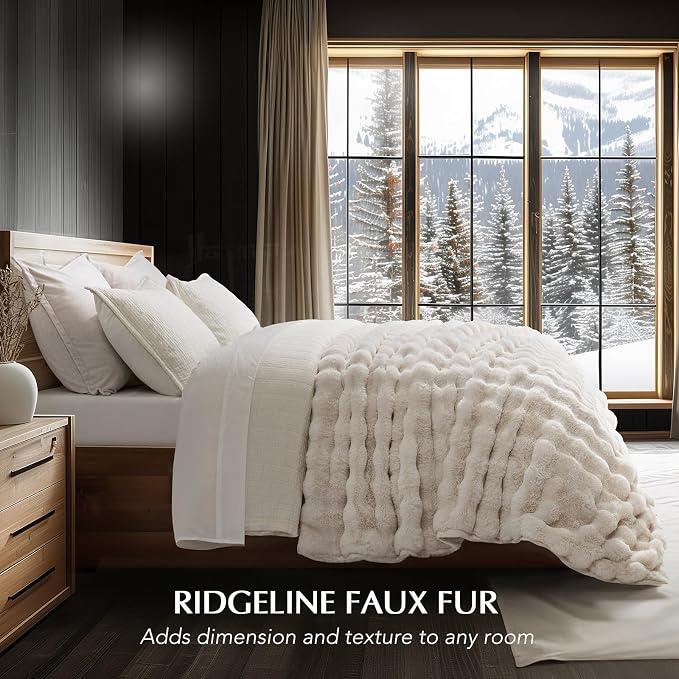 Faux Rabbit Fur Bubble Throw Blanket, 90"x90", Ivory White | Ultra Soft, Luxury Faux Rabbit Fur Throw, Thick Warm Bubble Blanket, Cozy Fluffy Reversible, for Bed, Couch, Chair, Sofa