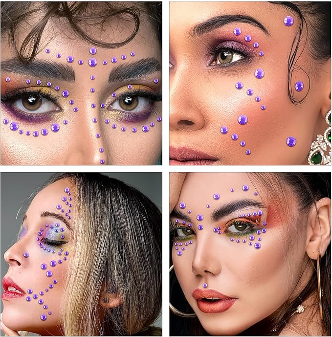 591pcs Face Gems Hair Gems Pearls, Self-Adhesive Face Jewels Eye Rhinestones 3/4/5/6/8 mm Face Gem Stick on, Halloween Makeup Gems Rave Accessories for Face Eyes Body Makeup (18.Light Purple)