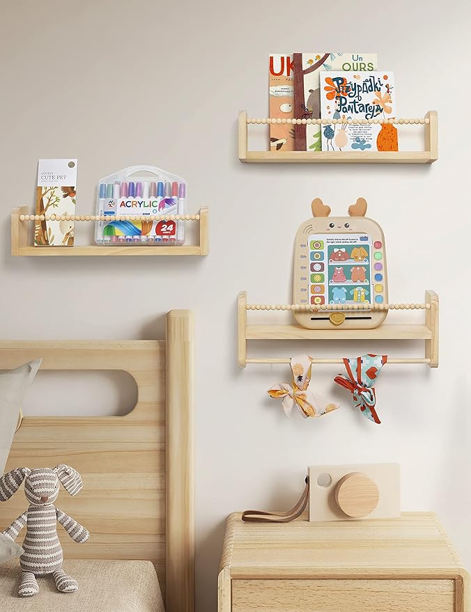Maxpeuvon Nursery Shelves for Wall Set of 3, Natural Wood Floating Shelves | Kids Bookshelf with Towel Bar, Wall Mounted Organizer and Decor with Beads, for Kids Room, Bedroom and Kitchen
