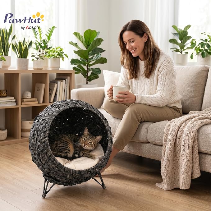 PawHut Rattan Cat Bed Elevated Handwoven Cat Basket Bed for Kittens Gray | Soft Cushion, Metal Base, Indoor Kitty Furniture, Breathable