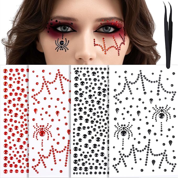 YGDZ Face Gems, Face Jewels for Women, Stick On Red, Black Face Rhinestones, Halloween Makeup Face Stickers, 3D Spider Web Jewels Stickers, Rave Accessories