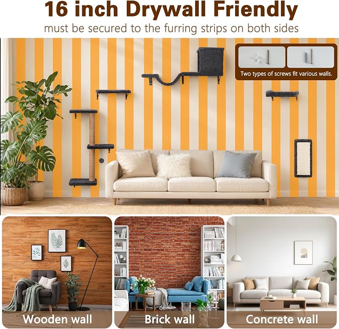 Cat Wall Shelves 6-in-1 Wall Mounted Cat Furniture 40 lbs, Dark Grey | Natural Wood, Bed & Cave & Scratching Post, 40 lbs for Large Cats, Space-Saving, for Living Room & Window
