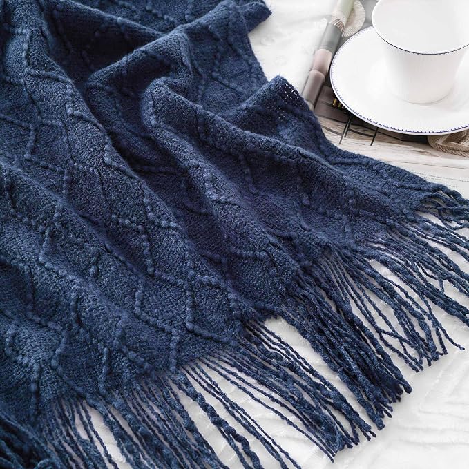 BATTILO HOME Navy Throw Blankets for Couch, Navy Blue Lightweight Decorative Blankets and Throws, Boho Warm Knit Blanket for Men and Women, 50"x60"