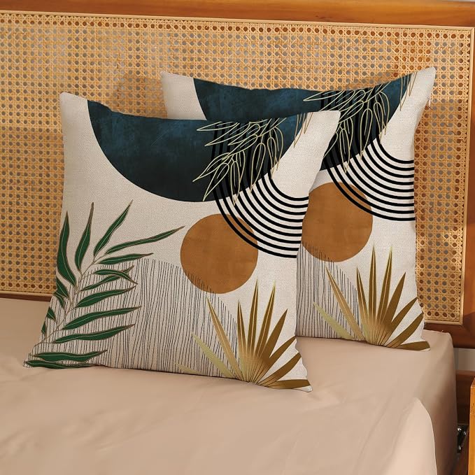 Boho Pillow Covers 18x18 Set of 2 Green Gold Navy Blue Throw Pillows Tropical Leaves Sunset Decor Modern Mid Century Pillowcase Outdoor Decorations Bohemian Linen Cushion Case for Couch Sofa