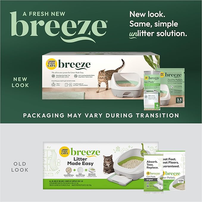 Purina Tidy Cats Breeze Cat Litter Box System Kit with Pellets & Pads | Cat litter box with scoop, plus Zeolite pellets and cat litter pads, easy-to-use kit for odor control