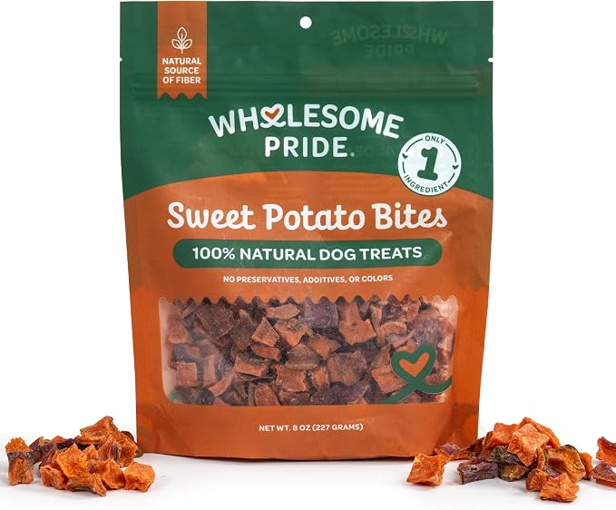 Wholesome Pride Sweet Potato Bites Healthy Dog Treats, 1 Ingredient, 8 oz | No Preservatives, 100% Sweet Potato, Gently Dehydrated, Supports Digestion, No Grain or Gluten, Training & Snacking