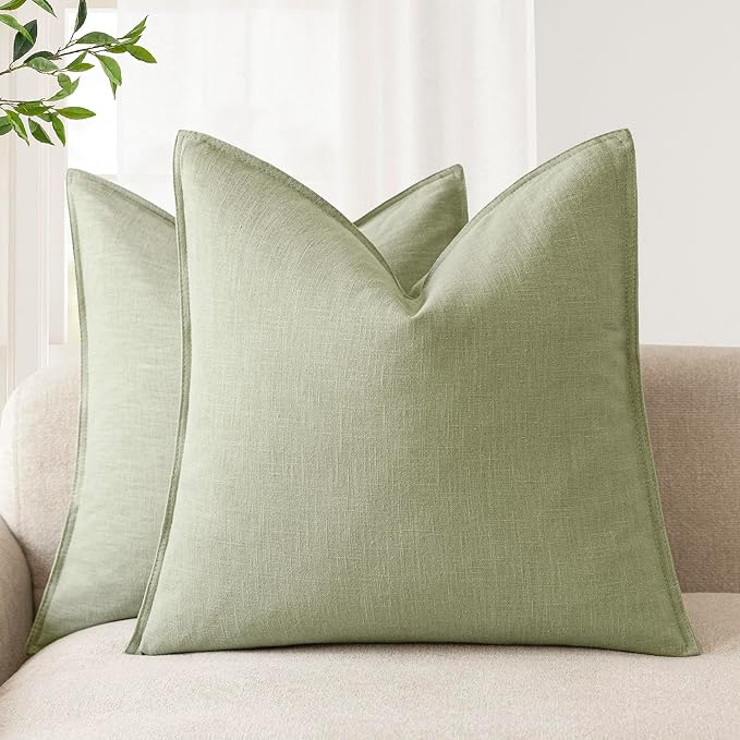 Foindtower Pack of 2, Decorative Linen Solid Throw Pillow Covers Soft Accent Cushion Case Boho Farmhouse Pillowcase for Chair Couch Sofa Bedroom Living Room Home Decor 26 x 26 Inch Light Sage Green