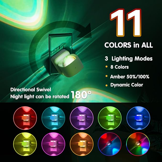 L LOHAS LED Night Light, Color Changing Night Lights Plug into Wall RGB | Rotating White Nightlight, Dusk to Dawn Sensor, RGB Rainbow Nightlights Projector for Bathroom, Gaming Room, Decor, 2 Pack