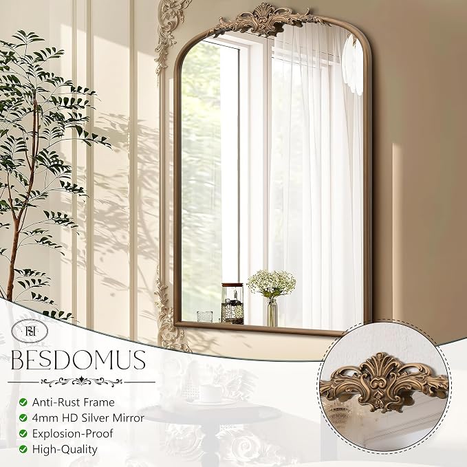Besdomus Antique Large Wall Mirror: 24"x36" French Brass Gold Vanity Mirror | Vintage Metal Framed Decorative - Baroque Traditional Ornate for Entryway/Bathroom/Bedroom - Ideal for Bathroom Renovations