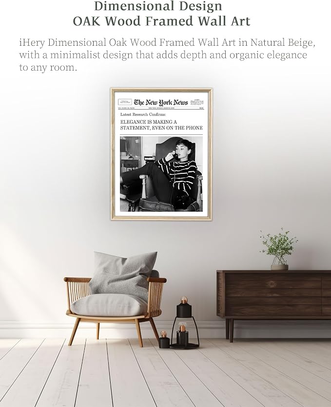 iHery 12x16in Audrey Hepburn On the Phone Framed Newspaper Wall Art | Natural OAK Wood Frame with Canvas Print, Vintage Elegance Decor for Bedroom, Living Room, Office and Gallery Wall, 1Pack