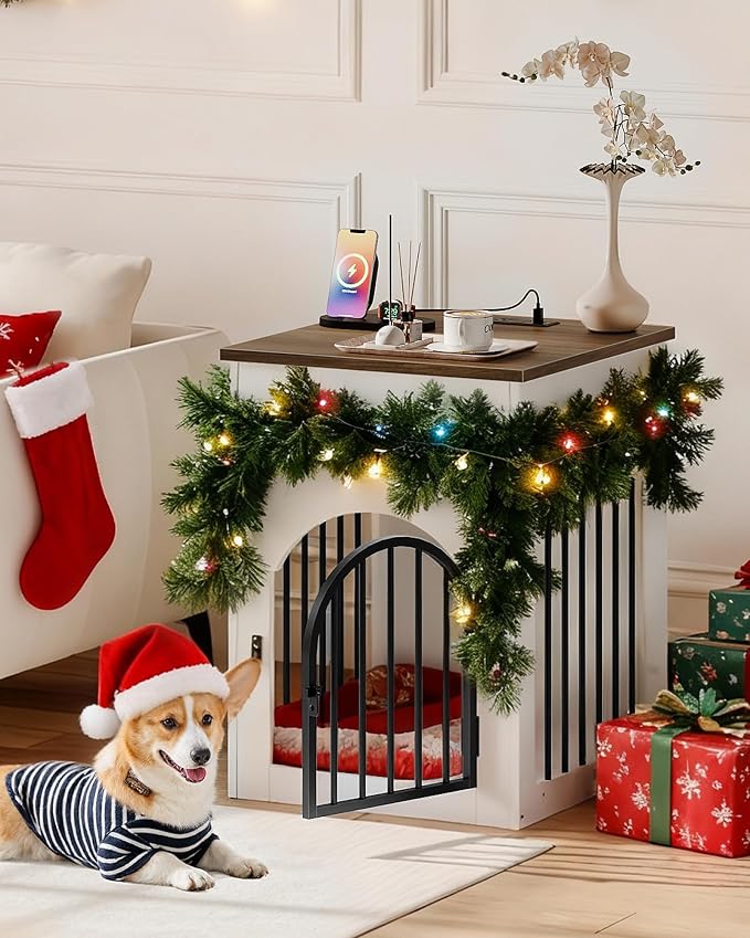 CHOEZON Dog Crate Furniture, Wooden Dog Kennel with Charging Station and Storage Drawer, Indoor Pet Crate End Table for Small Breeds, Dog Cage for Living Room, Bedroom, White and Walnut MGW01UWL