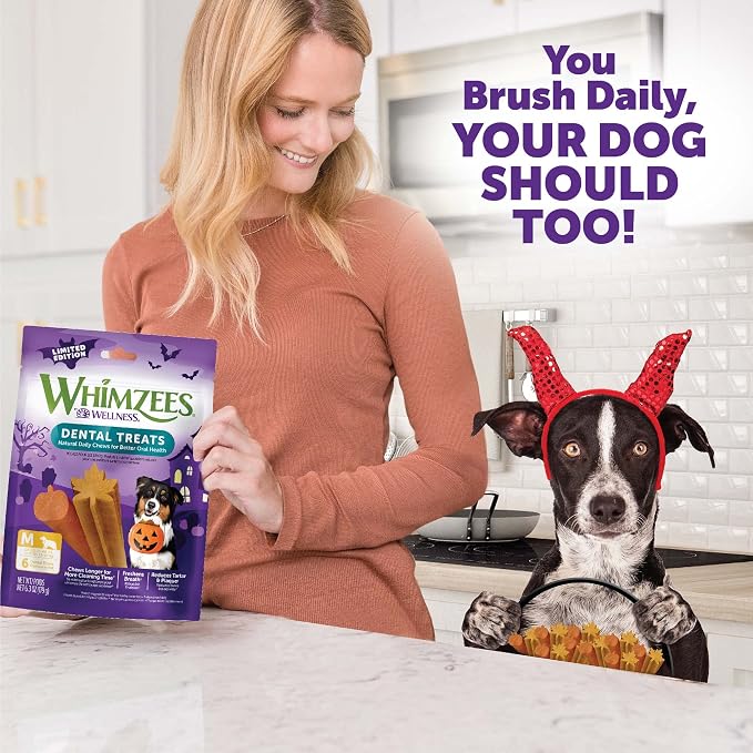 Wellness WHIMZEES Fall Natural Dog Dental Treat, Autumn Halloween Seasonal Gift, Chews, Freshens Breath, Medium Size, 6.3 oz Bag, 6 Count