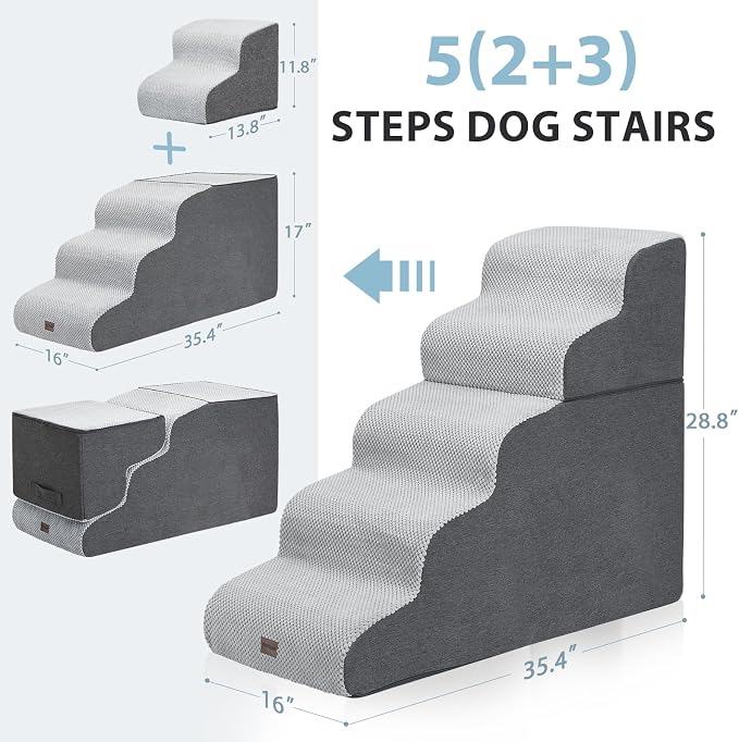 Garnpet Dog Stairs for High Beds, 5-Step Dog Steps for Small Dogs and Cats, Foldable Pet Stairs for High Bed Climbing, Non-Slip Balanced Pet Step Indoor, Dark Grey