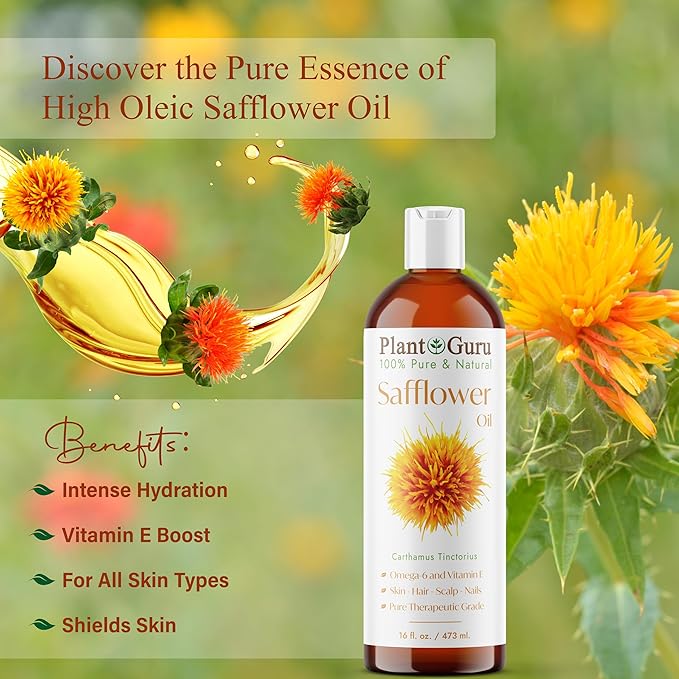 Plant Guru Safflower Oil 8 fl. oz. – Cold Pressed, 100% Pure & Natural Carrier for Skin, Face, Body, Hair, and Cooking. Great for DIY Creams, Lotions, and Lip Balms.