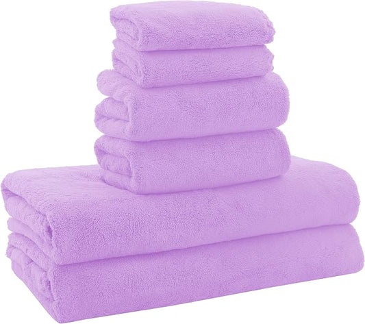 MOONQUEEN Ultra Soft Towel Set-Quick Drying - 2 Bath Towels 2 Hand Towels 2 Washcloths-Microfiber Coral Velvet Highly Absorbent Towel for Bath Fitness,Bathroom,Sports,Yoga, Travel(Purple, 6 Pcs)