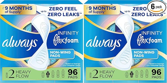 Always Infinity Feminine Pads for Women, Flexfoam Pads Without Wings, Size 2, Heavy Absorbency, Unscented, 96 Count (Pack of 2)