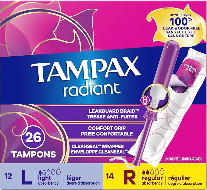 Tampax Radiant Tampons Multipack, with LeakGuard Braid, Light/Regular Absorbency, Unscented, 26 Count, Packaging May Vary (Pack of 6)