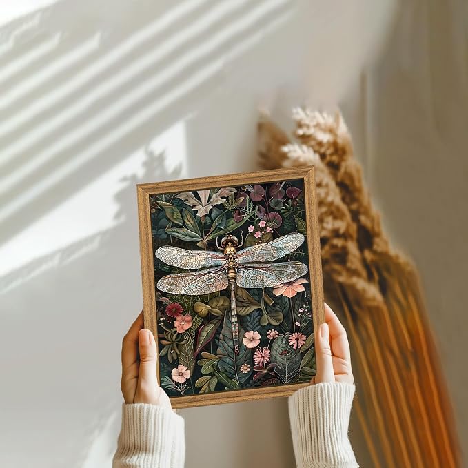 ICHZUMW Framed William Morris Vintage Dragonfly Canvas Wall Art 8x10 In | Dark Green Botanical Prints, Antique Aesthetic Wildflower Wall Decor for Bedroom Living Room Bathroom Office, Ready to Hang