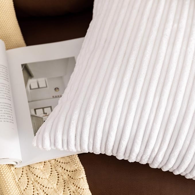 UGASA 14x20 Inch Pillow Cover Pack of 1 Soft Boho Stripe Corduroy Long Rectangular Lumbar Cushion Cover Farmhouse Decorative Throw Pillowcase for Bed, Couch, Sofa, Bedroom, Living Room, Pure White
