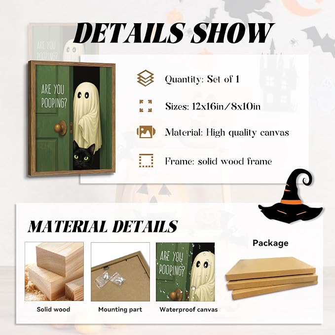 Funny Ghost Cat Halloween Bathroom Wall Art, Cute Ghost Bathroom Halloween Wall Decor Are You Pooping Picture, Vintage Framed Canvas Prints Funny Artwork for Restroom 12x16in Wood Frame