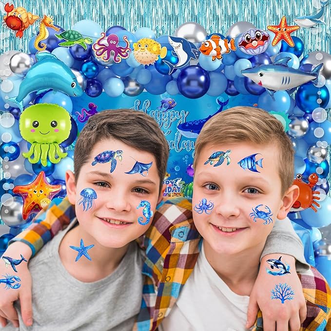 96 PCS Ocean Animals Pre–Cut Temporary Tattoos for Kids, Underwater Sea Creature Tattoos for Birthday Party Supplies Under The Sea Turtle Tattoo Stickers for Kids Boys Girls Party Bag Filler