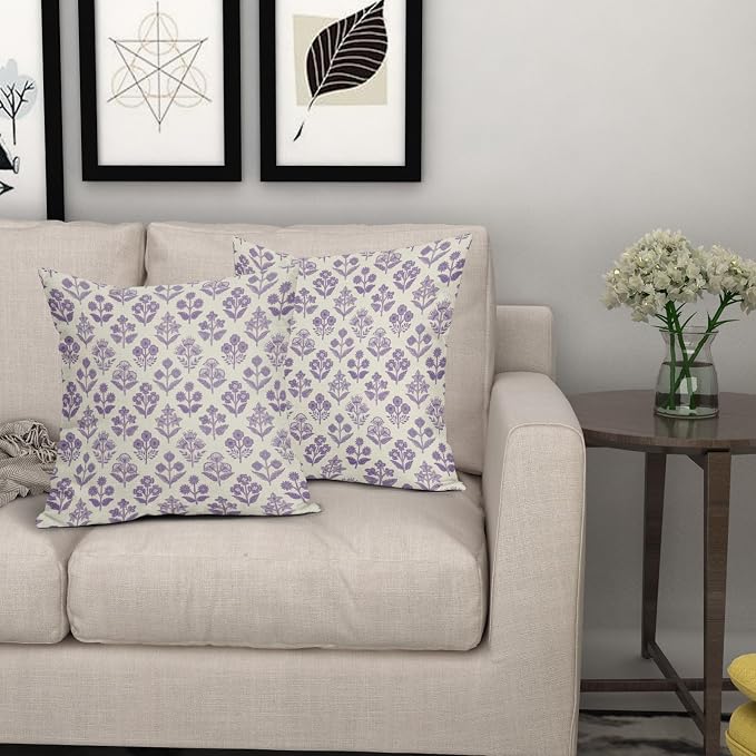 Purple Floral Block Print Pillow Covers 18x18 Inch Set of 2, Vintage Flower Pattern Decorative Throw Pillowcases Outdoor Farmhouse Cushion Covers Spring Summer Rustic Sofa Couch Bed Decor