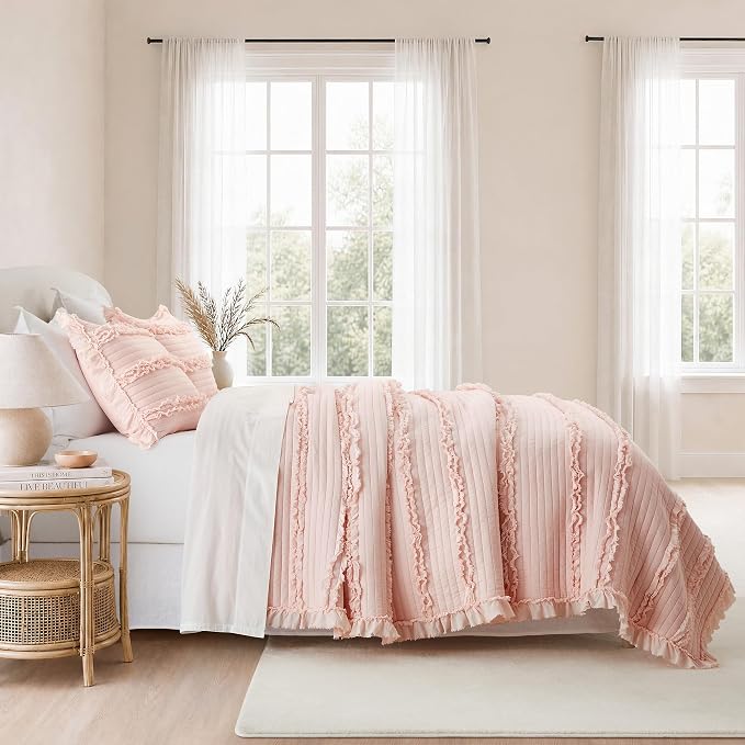 HORIMOTE HOME Ultra Soft Ruffle Fringed Quilt Twin Size,Shabby Chic Rustic Pink Bedding Set, Stone Washed Boho Decorative Quilt with 1 Pillow Shams for All Season