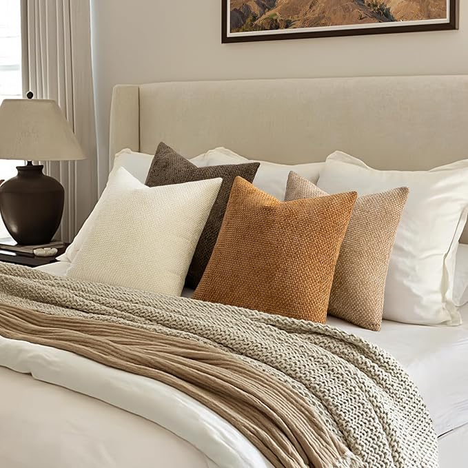 MIULEE Soft Decorative Chenille Fall Pillow Covers Brown 16x16 Pack of 4 | Rustic Home Decor, Layered Brown Collection, Couch Throw Pillows, Farmhouse Boho Cushion Covers for Sofa Bed Living Room