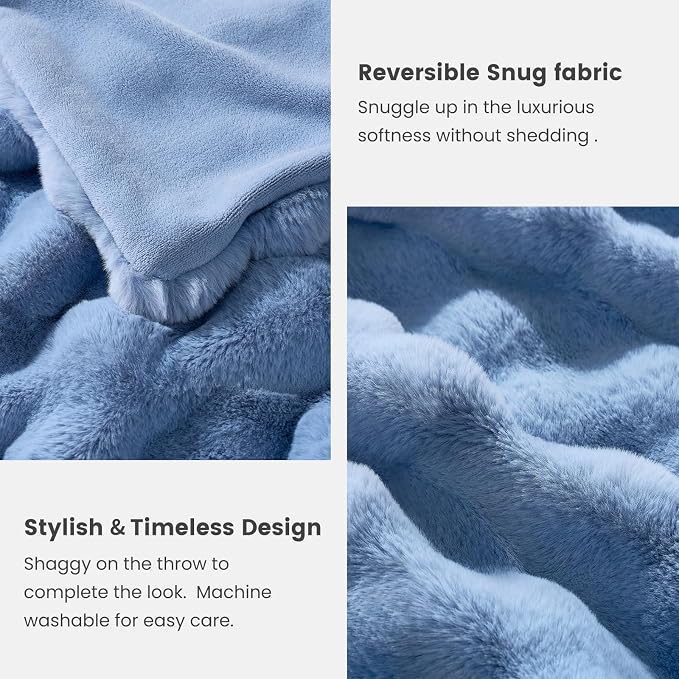 Cozy Bliss Faux Fur Bubble Throw for Couch, Fuzzy Soft Plush Thick Blanket for Sofa Bedroom Living Room, 60x80 Inches Misty Blue