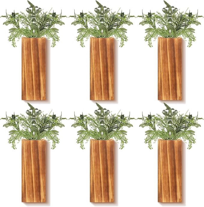 Nuanchu 6 Pack Wood Wall Planter Wooden Hanging Planter for Dried Flowers and Artificial Greenery Plants Wooden Pocket Vase Farmhouse Wall Decor for Indoor Hydroponics Plants (Natural, Wood Style)