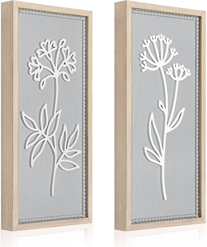 Gray Bathroom Wall Decor Set of 2, Rectangular 3D Wooden Floral Wall Art | Raised white floral cutouts in rectangular frames, ready to hang; neutral boho farmhouse decor for bedroom and hallway walls