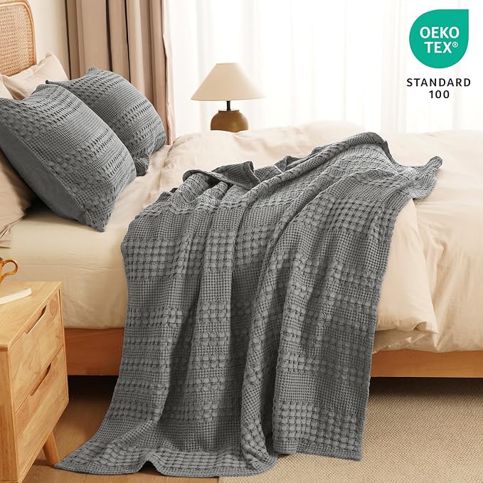 PHF 100% Cotton Waffle Weave Throw Blanket, Lightweight Breathable Summer Blanket for Couch Sofa, Pre-Washed Soft Throws for Bed, Office, Travel & Stylish Home Decor, 50"x60", Dark Grey