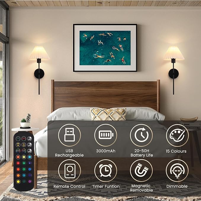 Rechargeable Battery Operated Wall Sconces Sets of 2, 15 Colors Wireless Wall Sconce, Black Wall Lights Fixture with Dimmable Bulbs and Remote, Not Hardwired Wall Mounted Lamps for Bedroom Living Room