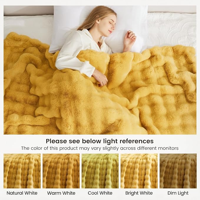 Cozy Bliss Faux Fur Throw Blanket for Couch, Fuzzy Soft Plush Thick Bubble Blanket for Sofa Bedroom Living Room, 60 * 80 Inches Yellow