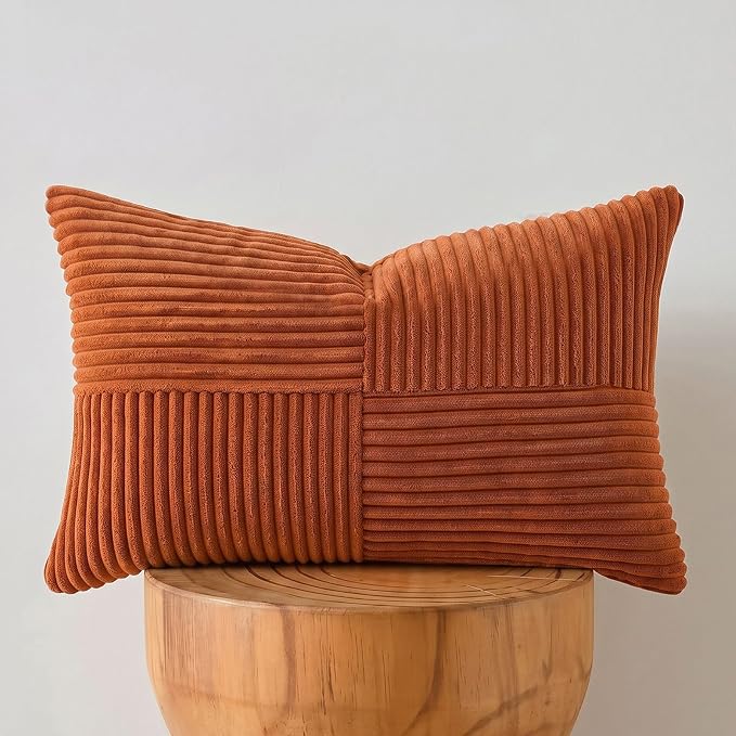 Fancy Homi Burnt Orange Lumbar Decorative Throw Pillow Covers 12x20 Inch for Living Room Couch Bed, Boho Farmhouse Fall Home Decor, Soft Corduroy Corss Patchwork Cushion Case 30x50 cm