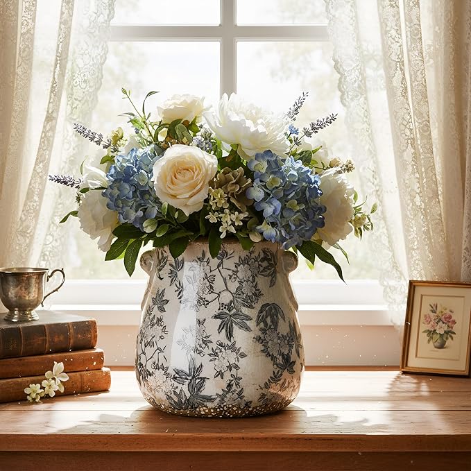 Ceramic Scroll Planter 6.5 Inch Chinoiserie Floral Vase with Drainage Holes Vintage Flower Vase Flower Pot Rustic Ceramic Pots for Indoor Plants Garden Home Bookshelf Decor(Gray Glaze)