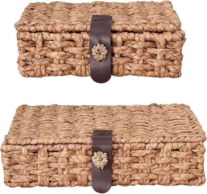 Wicker Storage Basket with Lid, 2-Piece Set Decorative Box with Lid, Water Hyacinth Woven Decorative Box for Shelf, Coffee Table, Console Table, Home Decor