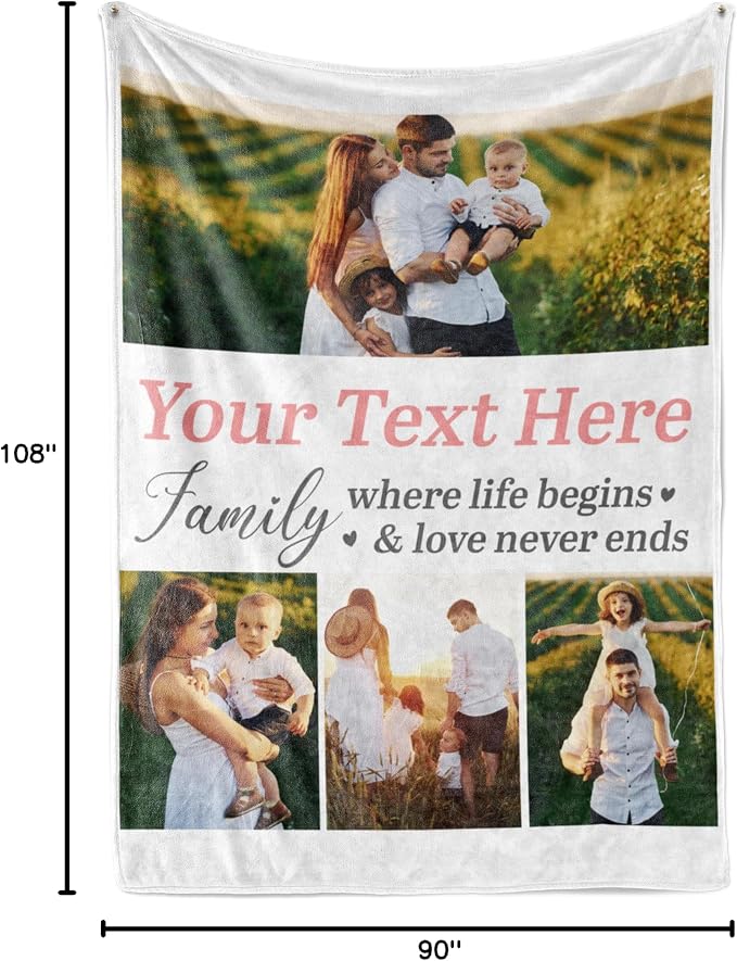 Personalized Photo & Text Blanket, Custom Picture Fleece Throw (5-Pic) | Printed in USA, ships next day, add 1-9 photos & custom text, fleece or sherpa, family keepsake gift, cozy home decor