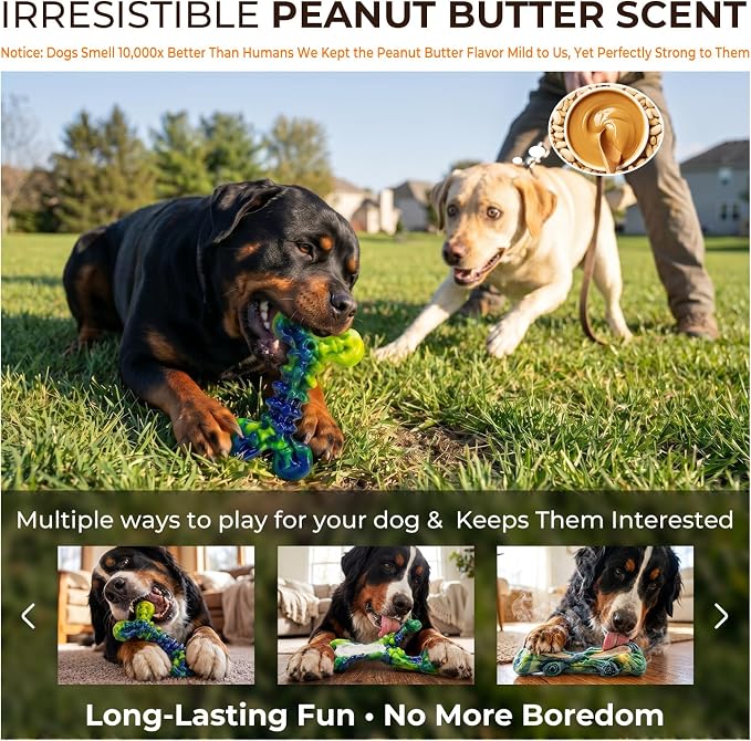 Kseroo Dog Chew Toys, 3-Pack, Peanut Butter, Medium & Large Dogs, Green