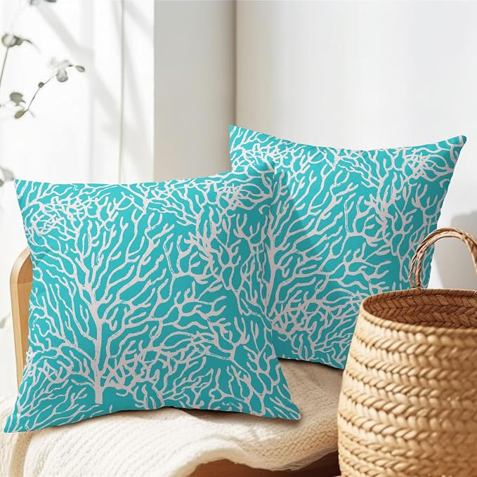 Nautical Coastal Coral Pillow Covers 20x20 Inch Set of 2 Summer Ocean Beach Aqua Teal Decorative Pillow Cases Outdoor Linen Cushion Cover Farmhouse Decor for Bedroom Home Sofa Couch Bed